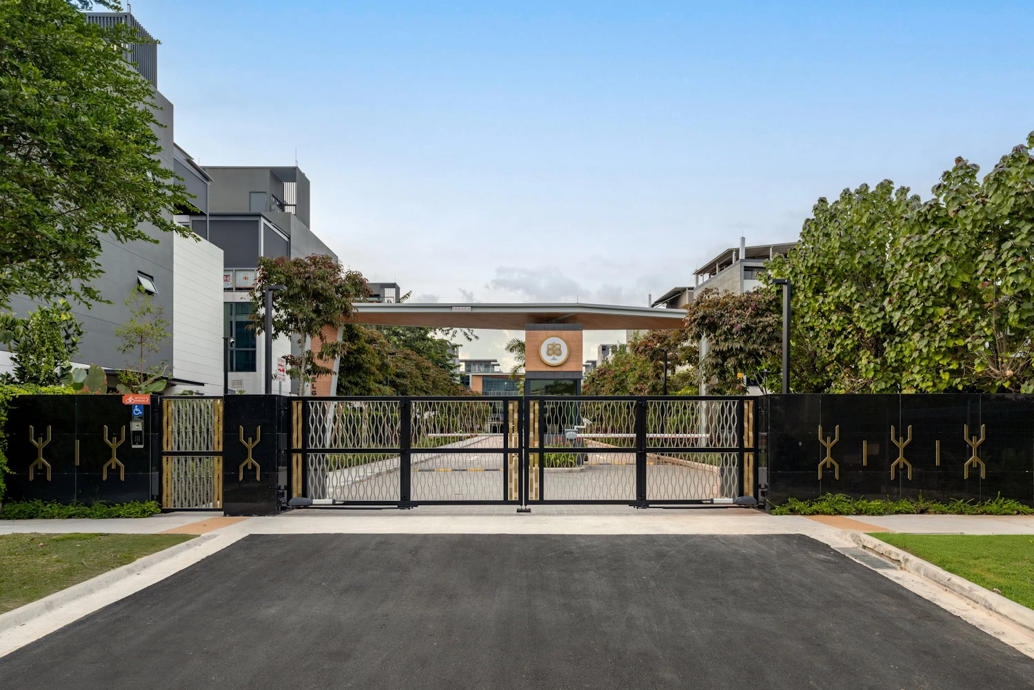 Main entrance gates and landscaped approach to Belgravia Ace